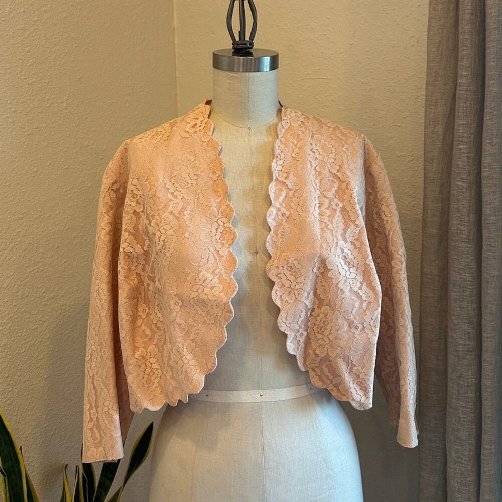 Women’s Small Cardigan Pink Lace Overlay Vintage Cropped Summer Blouse